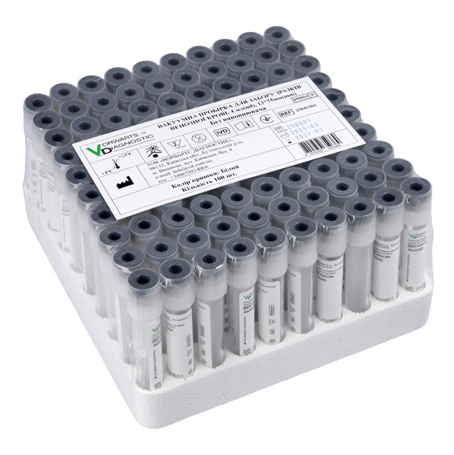 Вакуумна пробірка, 6 мл, 13*100 мм, без наповнювача, з білою кришкою, 100 шт. стерильна